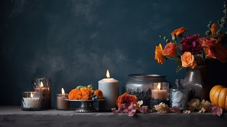 day of the dead background with ornaments of candles and flowersの写真素材