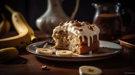 Beautiful banana cake with cream cheese with banana slices on it blur backgroundの素材