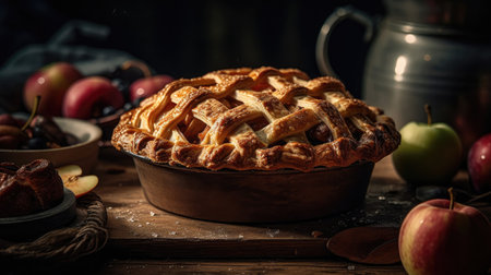 sweet apple pie with complete composition on blur backgroundの素材