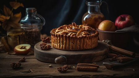 sweet apple pie with complete composition on blur backgroundの素材