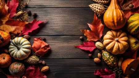 Beautiful Top View of Thanksgiving day banner design of a collection of pumpkins and other vegetables on brown wood table backgroundの素材