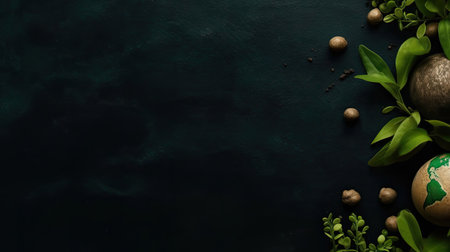 Beautiful Top View of Earth Day banner concept design of plants, plant seeds and miniature earth on green backgroundの素材