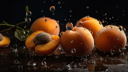 perfect viewing angle of apricot fruits hit by splashes of water with black blur backgroundの素材