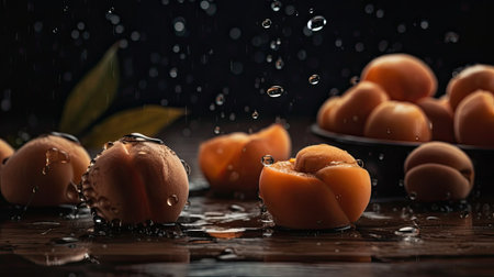 perfect viewing angle of apricot fruits hit by splashes of water with black blur backgroundの素材