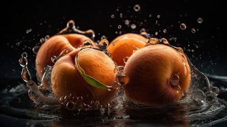 apricot fruits hit by splashes of water with perfect viewing angles and blurred backgroundの素材