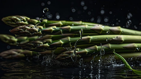 Asparagus hit by splashes of water with perfect viewing angles and blurred backgroundの素材
