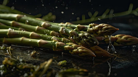 Asparagus hit by splashes of water with perfect viewing angles and blurred backgroundの素材