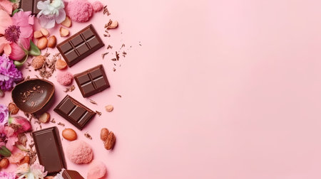 Valentine day banner design of a collection of chocolate and pink flower sprinklesの素材