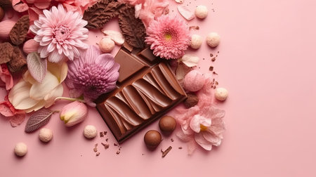 Valentine day banner design of a collection of chocolate and pink flower sprinklesの素材