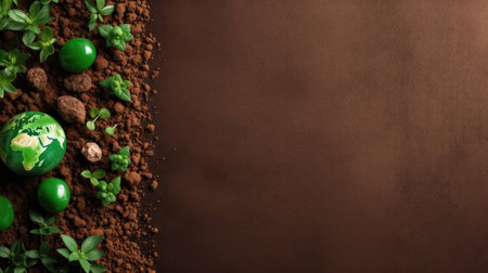 Beautiful Top View of Earth Day banner concept design of plants, plant seeds and miniature earthの素材