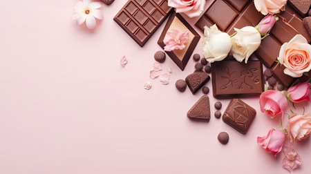 design of a collection of chocolate and pink flower sprinkles for Valentine day bannerの素材