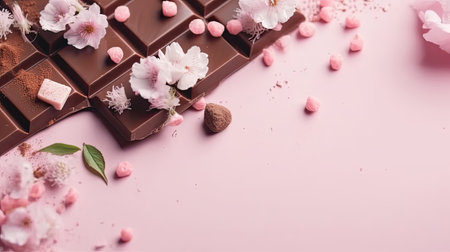 Beautiful Top View of Valentine day banner design of chocolate and pink flower sprinklesの素材
