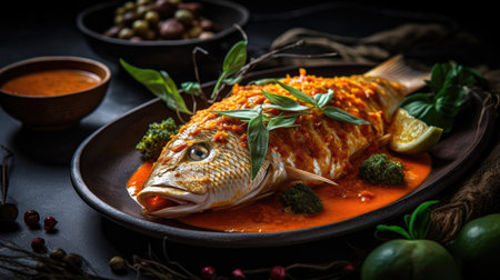 baked snapper red curry with complete composition and perfect viewing angles and background blurの素材