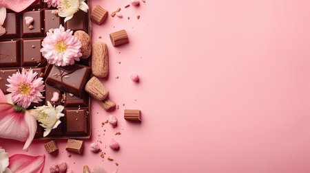 Beautiful Top View of Valentine day banner design of chocolate and pink flower sprinklesの素材