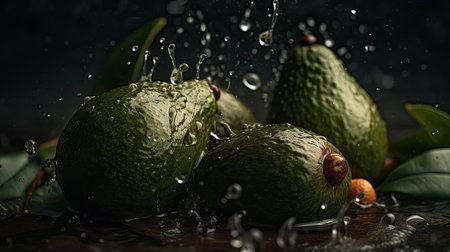 fresh green avocado hit by splashes of water with perfect viewing angleの素材