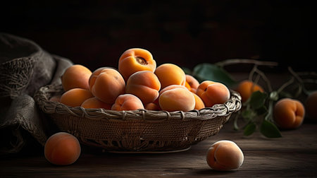 fresh apricot fruits in a bamboo basket with blur backgroundの素材