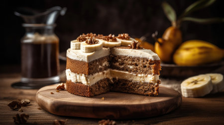 sweet banana cake with cream cheese with banana slices on it blur backgroundの素材