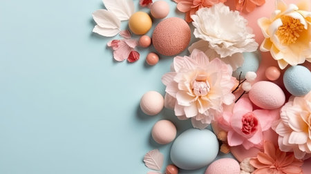 Happy Easter Day sale banner background with colorful eggs and plants on pastel backgroundの素材
