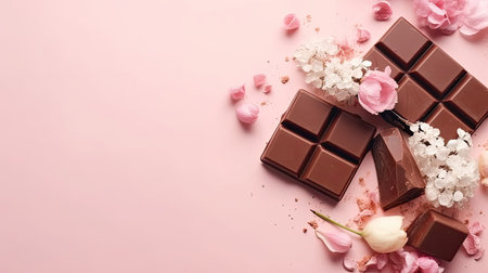 Background design sale banner for Valentine Day with chocolate and pink flower sprinklesの素材