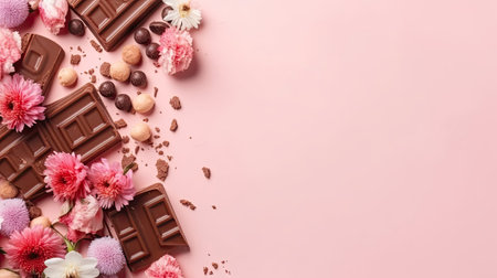 Background design sale banner for Valentine Day with chocolate and pink flower sprinklesの素材