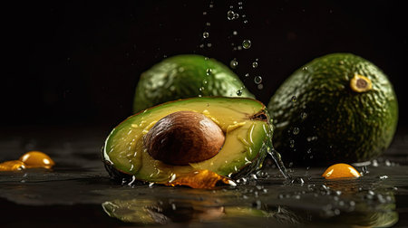 fresh avocado hit by splashes of water with black blur background and perfect viewing angleの素材