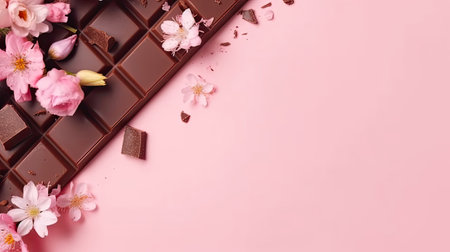 Beautiful Top View of Valentine day banner design of chocolate and pink flower sprinklesの素材