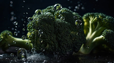green broccoli hit by splashes of water with black blur background and perfect viewing angleの素材