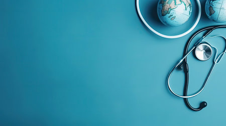 World Health Day background with a stethoscope and miniature earth on blue backgroundの素材