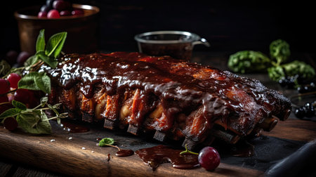 close up brown barbecue ribs with a sprinkling of chopped green vegetables and blur backgroundの素材