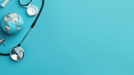 World Health Day background with a stethoscope and miniature earth on blue backgroundの素材