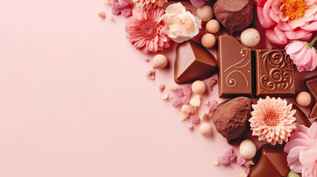 Happy Valentine Day background with a collection of chocolate and pink flower sprinklesの素材