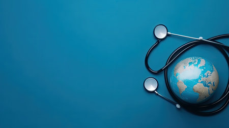 Perfect Concept Design background for World Health Day banner with stethoscope and miniature earthの素材