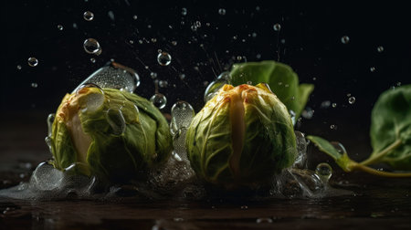 Brussels Sprouts hit by splashes of water with black blur background and perfect viewing angleの素材
