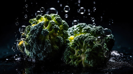 Broccoli hit by splashes of water with black blur background and perfect viewing angleの素材