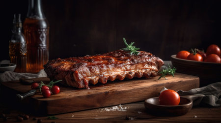 Beautiful Brown red barbecue ribs photos with perfect angel view and blurred backgroundの素材