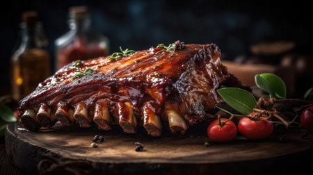 Beautiful Brown red barbecue ribs photos with perfect angel view and blurred backgroundの素材