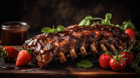 close up brown barbecue ribs with a sprinkling of chopped green vegetables and blur backgroundの素材
