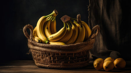 close up a collection of yellow banana orange in a basket with blur backgroundの素材