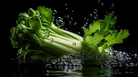 Celery vegetable hit by splashes of water with black blur backgroundの素材