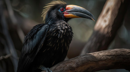 close up hornbill bird with black wings on a tree with blurred backgroundの素材
