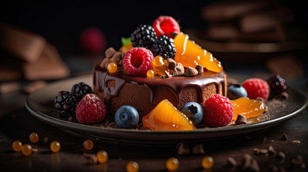 closeup dessert with a sprinkling of strawberry blueberries and chocolate with a blurry backgroundの素材