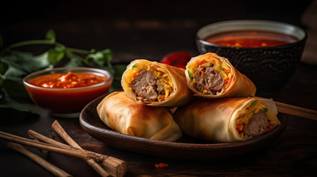 Closeup crispy eggrolls on wood plate with blurred backgroundの素材