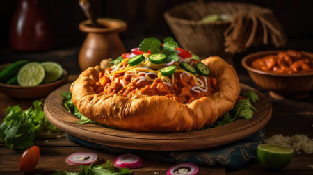 Indian fry bread with a sprinkling of green leaves on a wooden plate with a blurred backgroundの素材