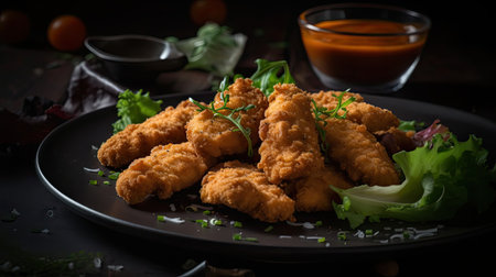 Closeup Chicken Tenders with vegetable ornament on blurred backgroundの素材