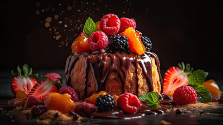 closeup dessert with a sprinkling of strawberry blueberries and chocolate with a blurry backgroundの素材