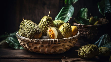 Jack Fruits on bamboo basket with jack fruit leaf ornament and blurred backgroundの素材