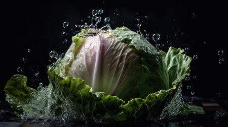 Cabbage hit by splashes of water with black blur backgroundの素材