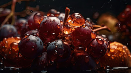 Grape fruits hit by splashes of water with black blur backgroundの素材