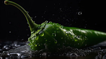 Green Chili hit by splashes of water with black blur backgroundの素材
