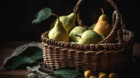 Closeup fresh pear in bamboo basket with blur backgroundの素材